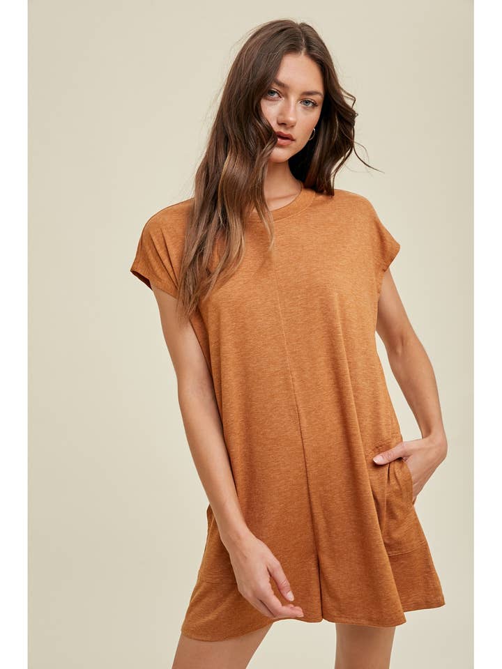MELANGE KNIT BOXY ROMPER WITH POCKETS / WL23-8442 for wholesale by Wishlist Apparel