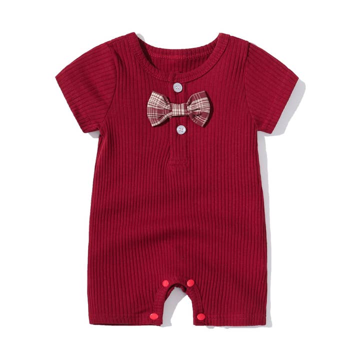 Baby Boy And Girl Solid Color Bow Tie Decoration Short Sleeve Neck-Buttoned Romper for wholesale by MyKids-USA®