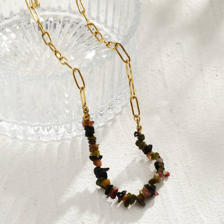 SALINAS Paper-Clip Linked Chain & TOURMALINE Gemstones Combination Necklace for wholesale by HACKNEY NINE