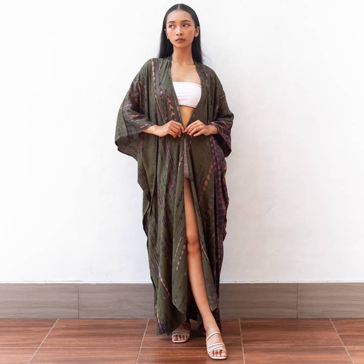 Bali Harvest – wholesale Swim cover-up – Women’s – Tie Dye Kimono Cover Up (Dark Olive) Bikini Beach Dress Robe2