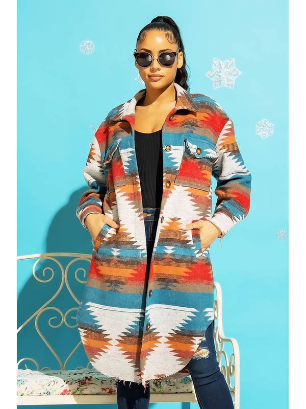 LONG TRIBAL AZTEC BUTTON DOWN SHIRT JACKET SHACKET for wholesale by Pink Irene Wholesale