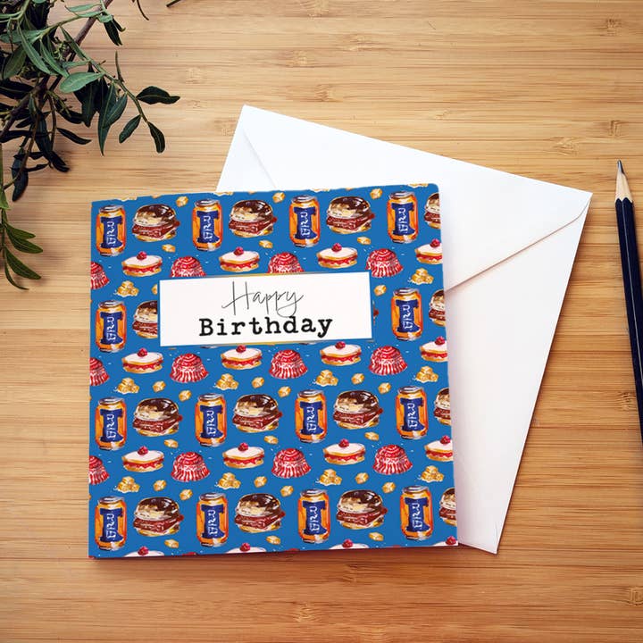 Happy birthday greetings Scottish breakfast watercolour art for wholesale by Christine Allan artist