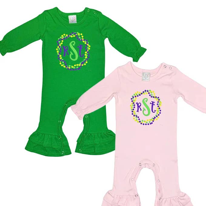 MARDI GRAS BEADS MONOGRAM RUFFLED LONG ROMPER for wholesale by The Sassy Seamstress