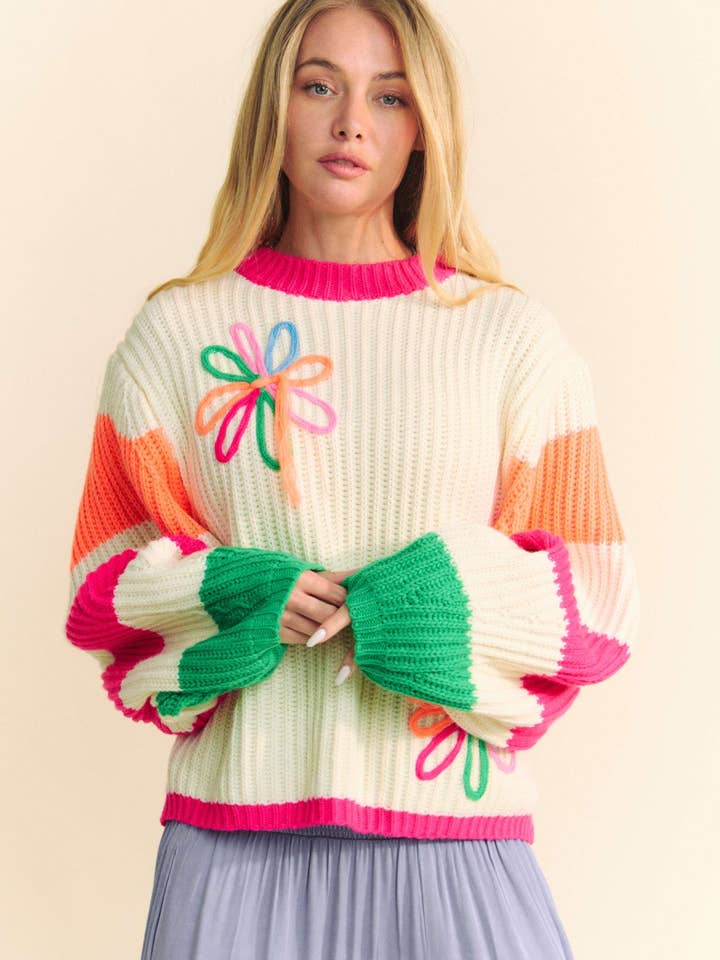 PLUS CHUNKY THREAD FLOWER MULTI STRIPED SWEATER for wholesale on Faire