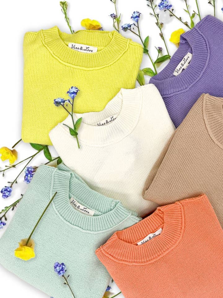 Crew Neck Long Balloon Sleeve Knitted Sweater Top VT81843- for wholesale by Vine & Love