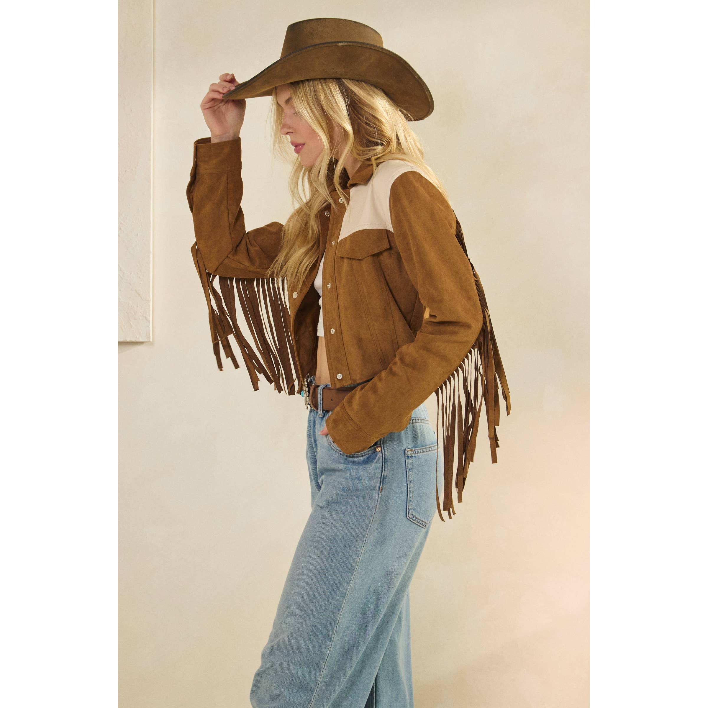 Camel Suede Jacket with Fringe Detail for wholesale on Faire17