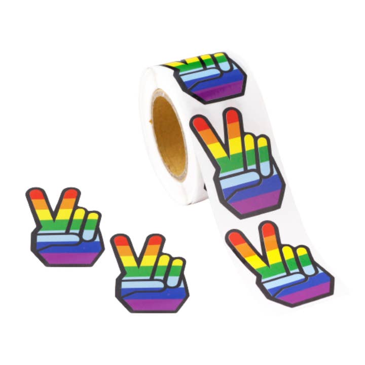Rainbow Striped Peace Sign Hand Stickers (250 per Roll) for wholesale by The Awareness Company