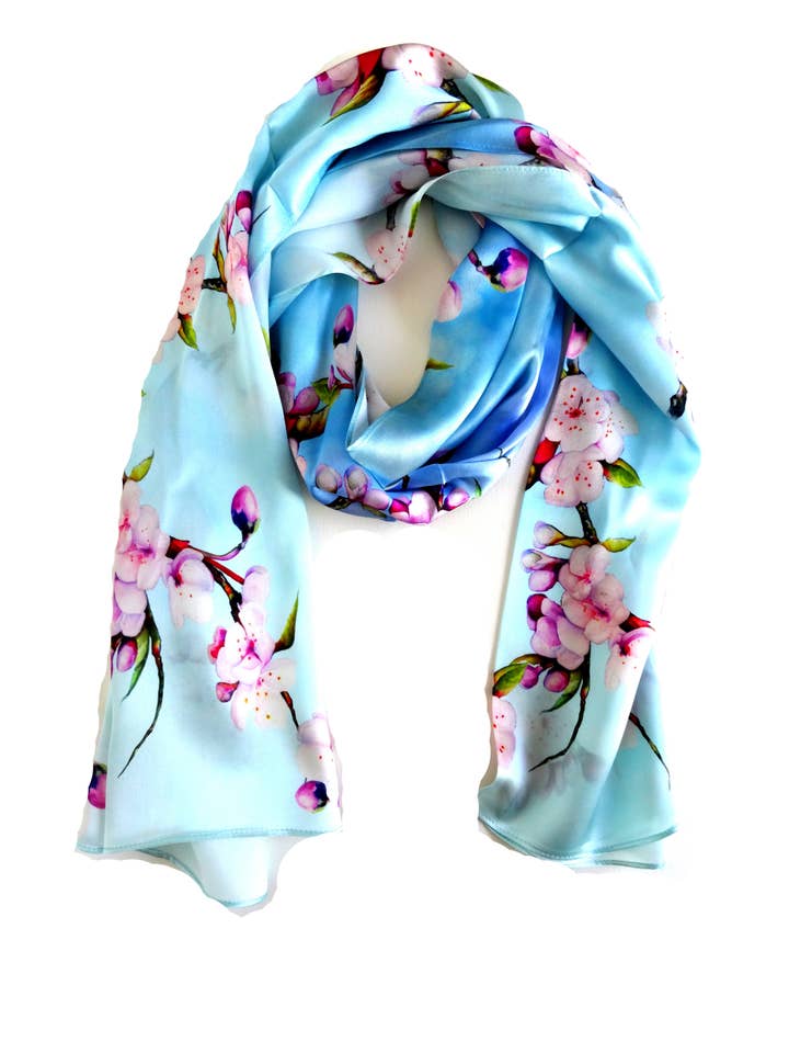 Blue Spring Silk Scarf - Cherry Blossom Scarf - Satin for wholesale by Silk Squirrel