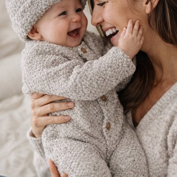 Grey Knit romper with hat and booties for baby for wholesale on Faire