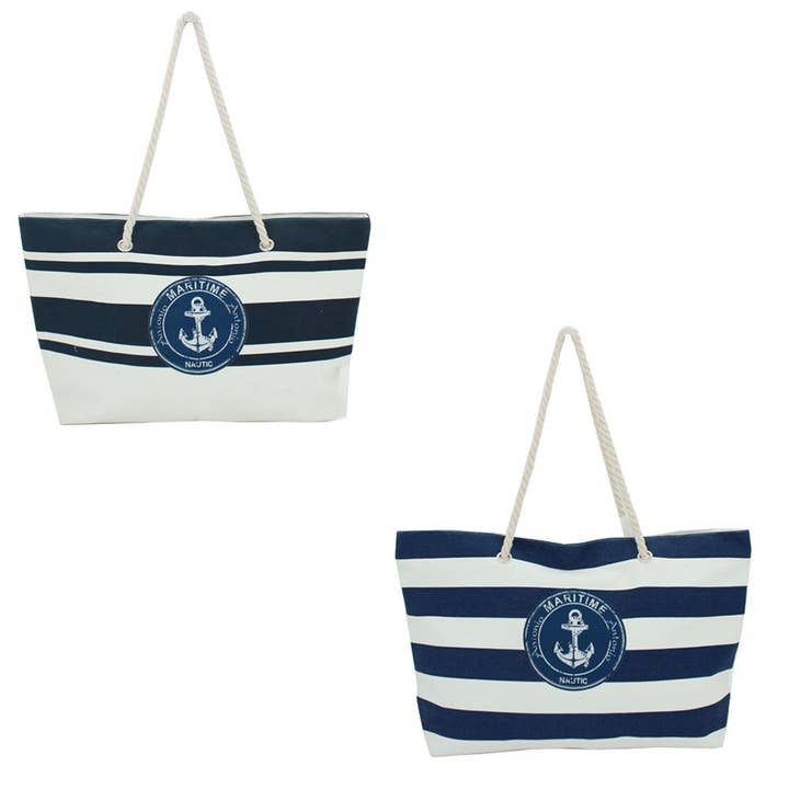 XXL strandväska » Maritima ränder och ankare i blå/vit » stor familjehandväska ca. 66 x 40 cm » Maritim look väska » Badväska med dragkedja för wholesale av VewoTex