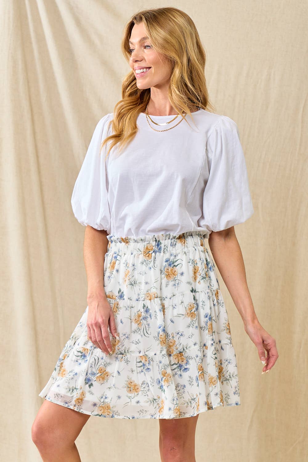 AVORIO/BLU GONNA A STRATI IN CHIFFON A FIORI - 6434S in vendita all'ingrosso su Faire1