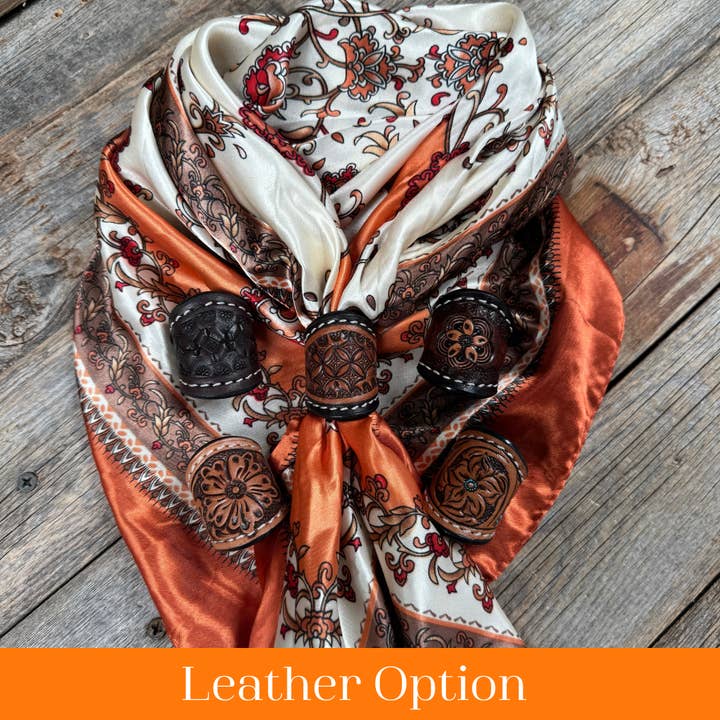 Rodeo Drive - Wholesale Scarf - Unisex - 35X35" Burnt Orange & Tan Paisley Wild Rag / Scarf - Tooled Leather Wild Rag Slides - Assorted