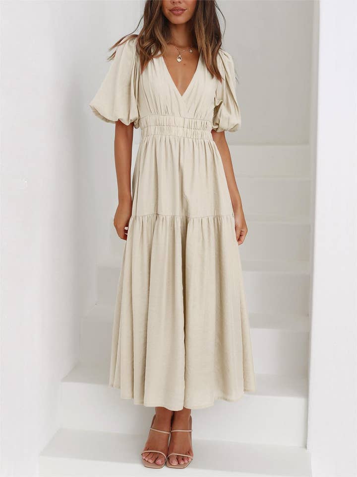 HIDDENBRAND - Wholesale Dress - Women's - V neck puff sleeves maxi dress2