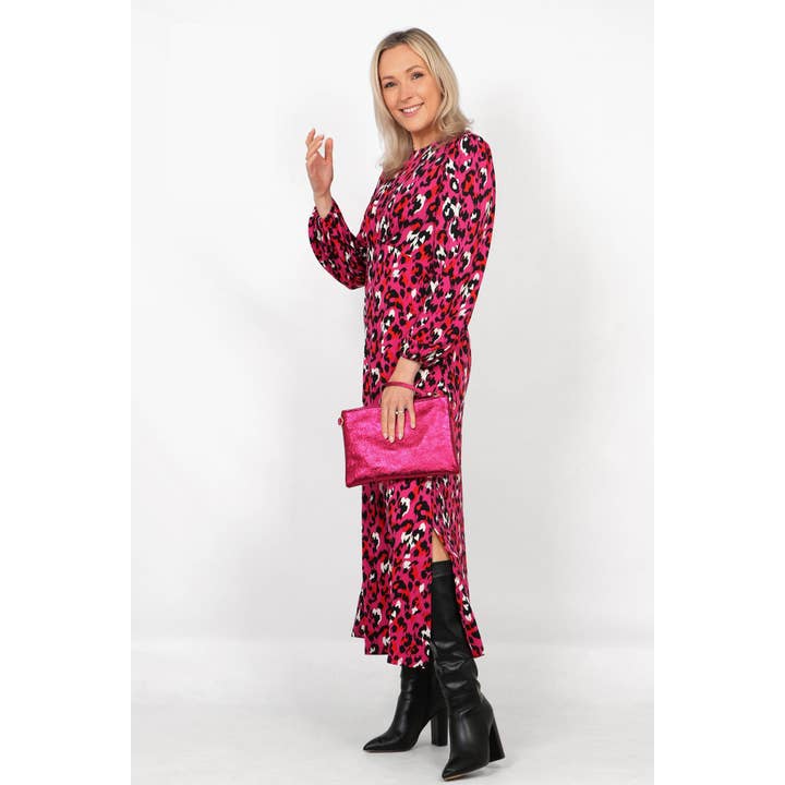 Riley Long Sleeve Tea Dress - Fuchsia, Leopard for wholesale by Sarta