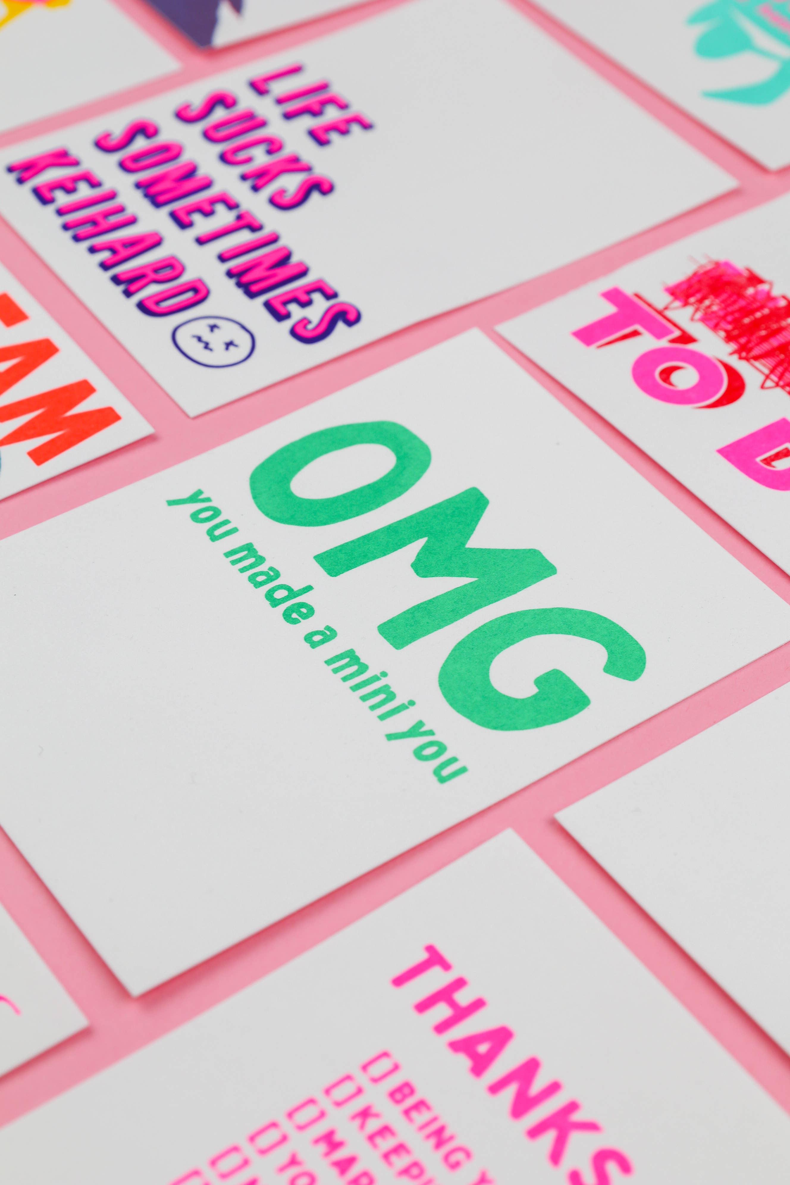 Studio Inktvis – wholesale Baby card – Omg You Made You A Mini Green Risograph Postcard2