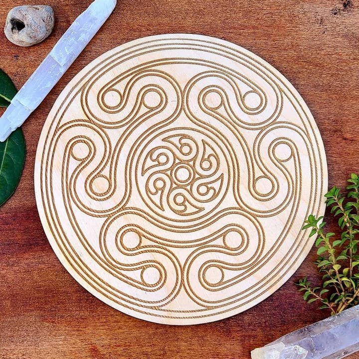 Hecate's Wheel Crystal Grid Laser Engraved Wood Altar Plate for wholesale by Prism Moon Designs