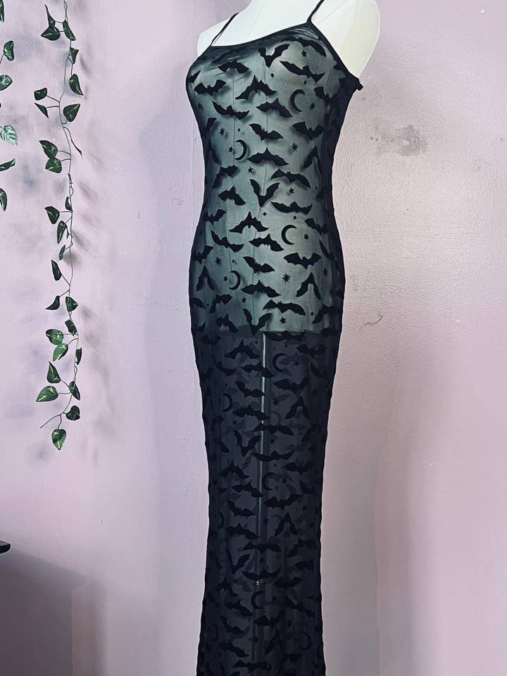 Witchwood Bags - Wholesale Dress - Women's - Sheer Hourglass Maxi Dress - Velvet Flocked Bats - RTS1
