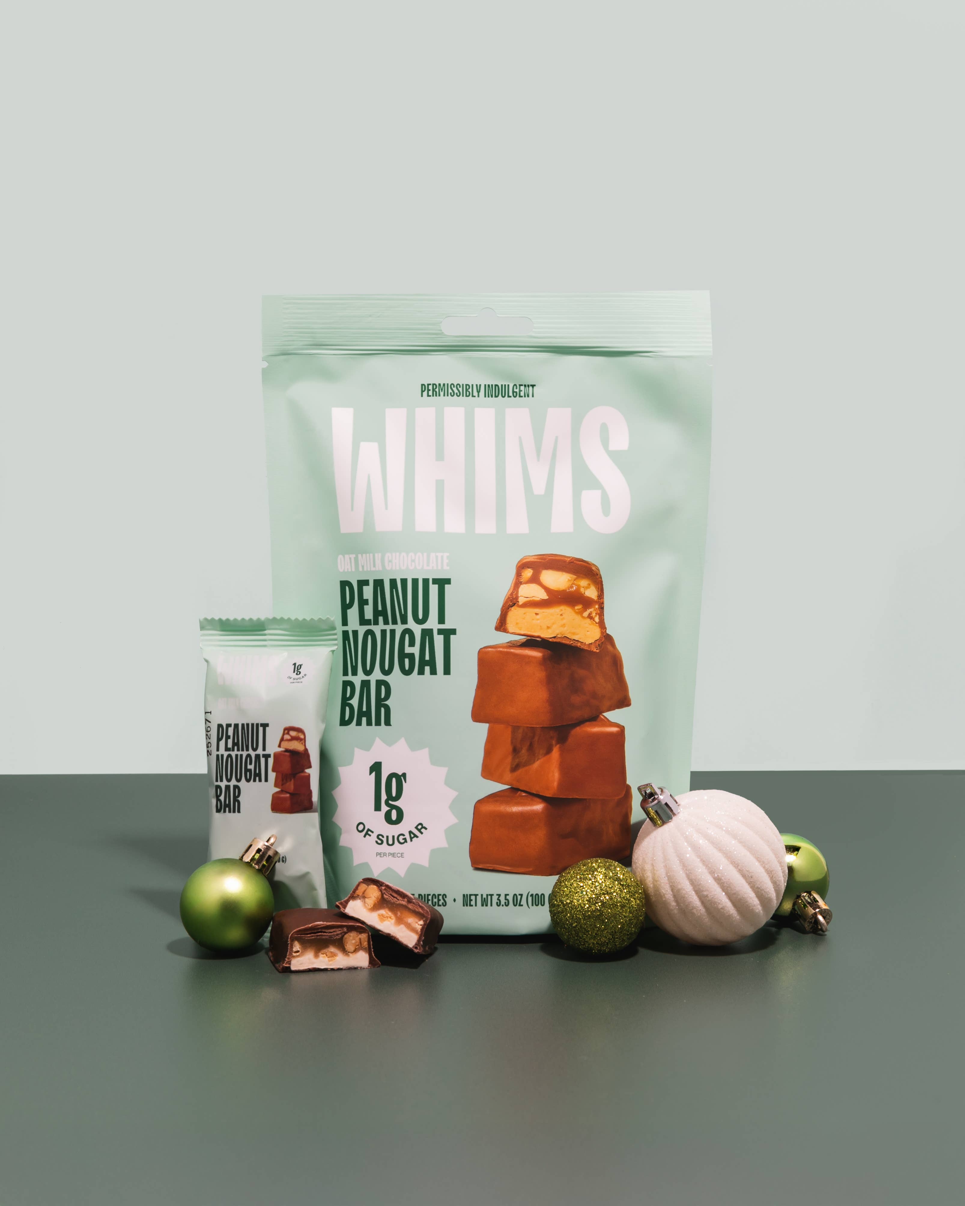 Whims Delights Inc. - Wholesale Chocolate Covered Sweets - Oat Milk Chocolate Peanut Nougat Bar - Pouch1