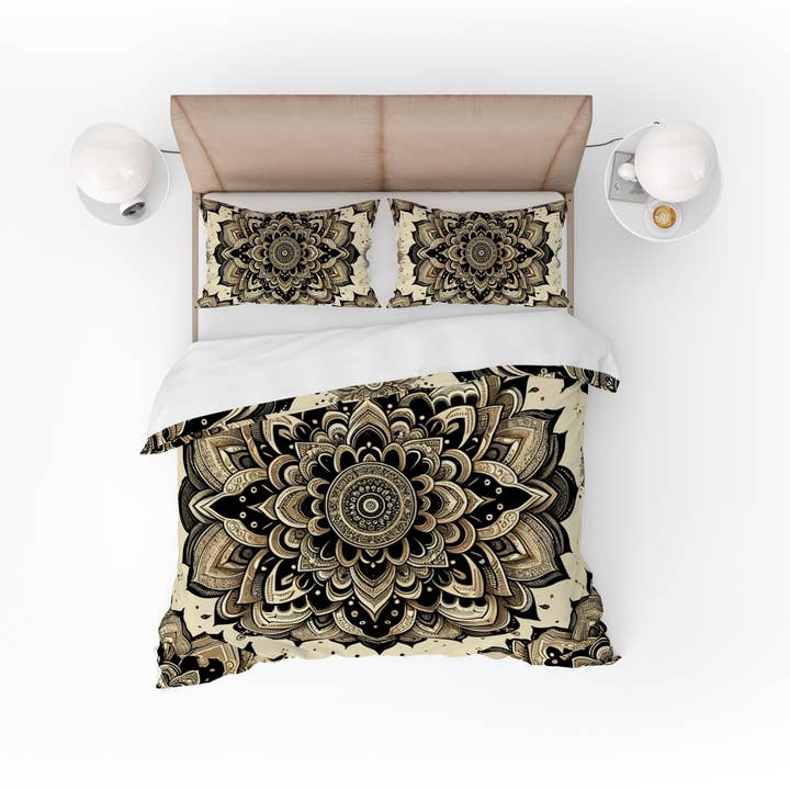Bohemian GoldenBeige Indian Mandala Reversible Quilt Cover Duvet Cover Set for wholesale by Adore India