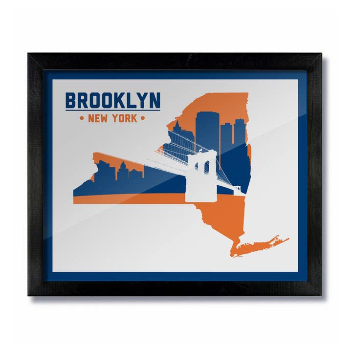 Brooklyn, New York Skyline Imprimé : blanc et bleu pour la vente par D&W Elements
