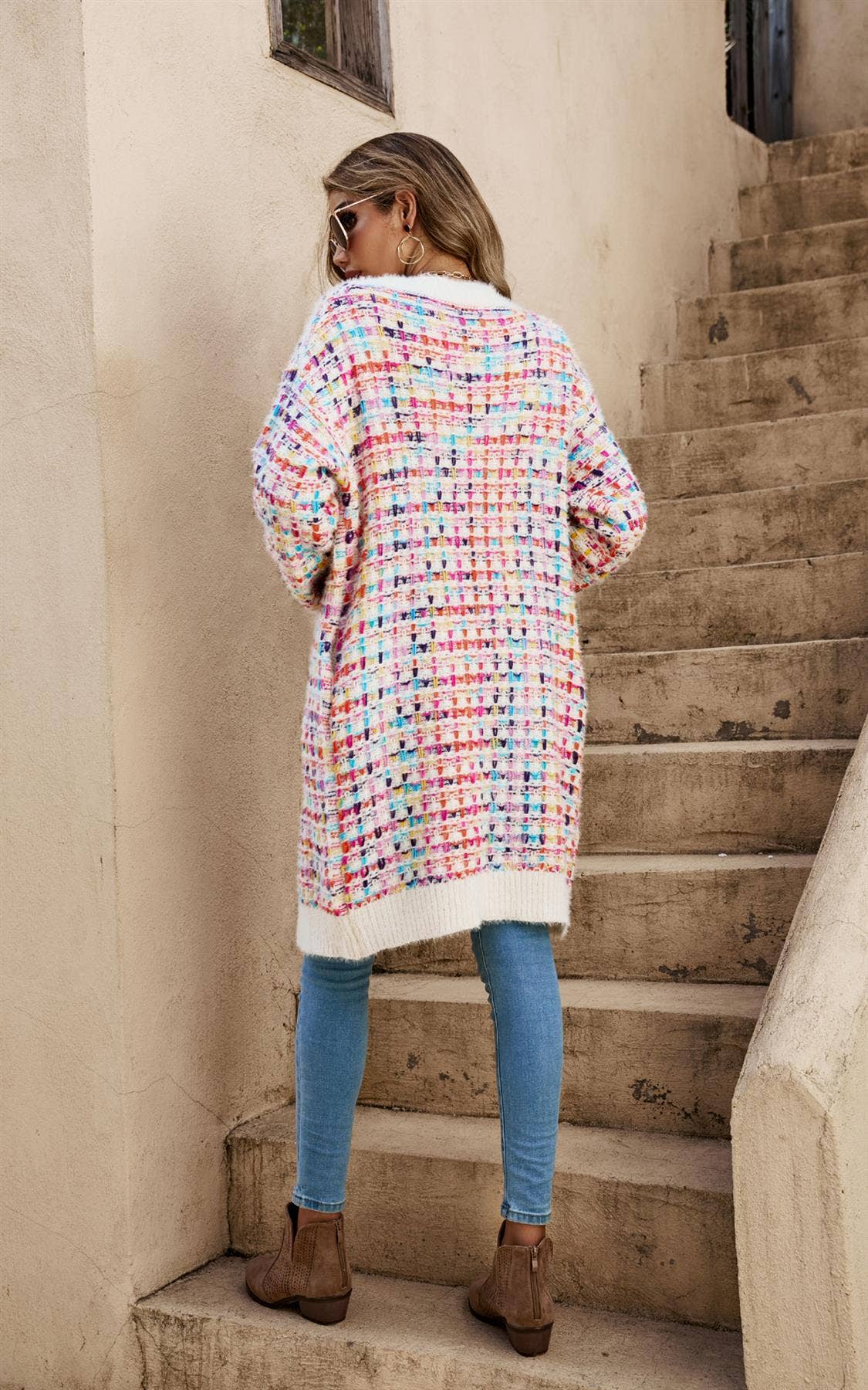 FS Collection (Germany) - Wholesale Cardigan - Women's - Cream Boucle Check Cardigan In Rainbow Multicolour Speckles5