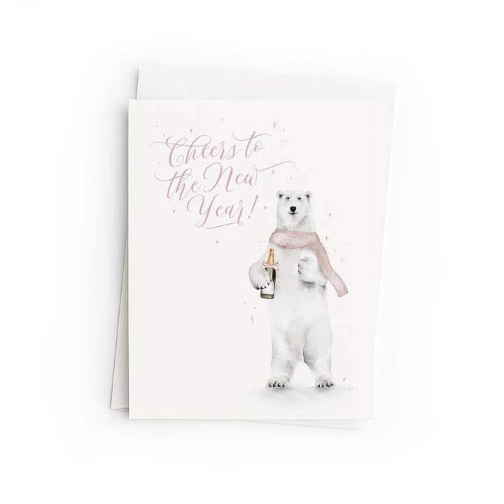 Cheers to the New Year Polar Bear Card for wholesale by Raechelle Marie