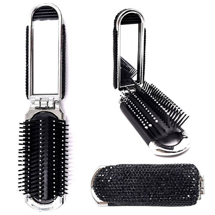 Diacly - Wholesale Hair Brush/Comb - Shiny Stone Handheld Folding Mirror Hair Brush
