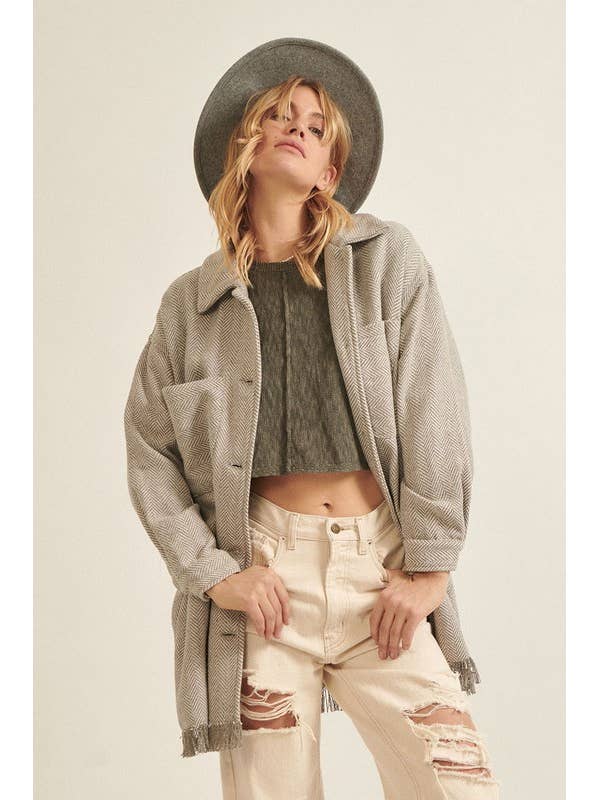 Tweed Lapel Collar Side Pocket Shacket for wholesale by MintChoco