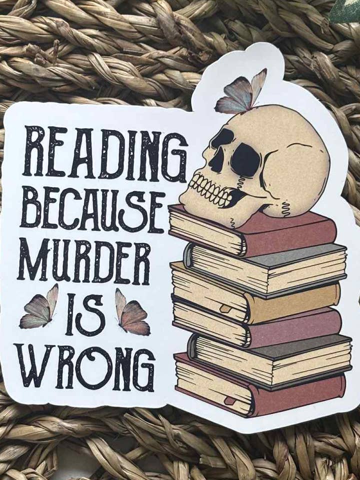 "Läser eftersom mord är fel" – Klistermärke för wholesale av Nordic Book Adventure