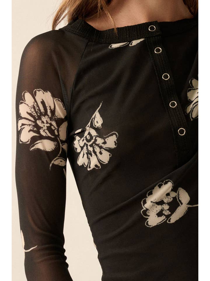 Black Floral-Print Mesh Raglan-Sleeve Henley Top for wholesale on Faire