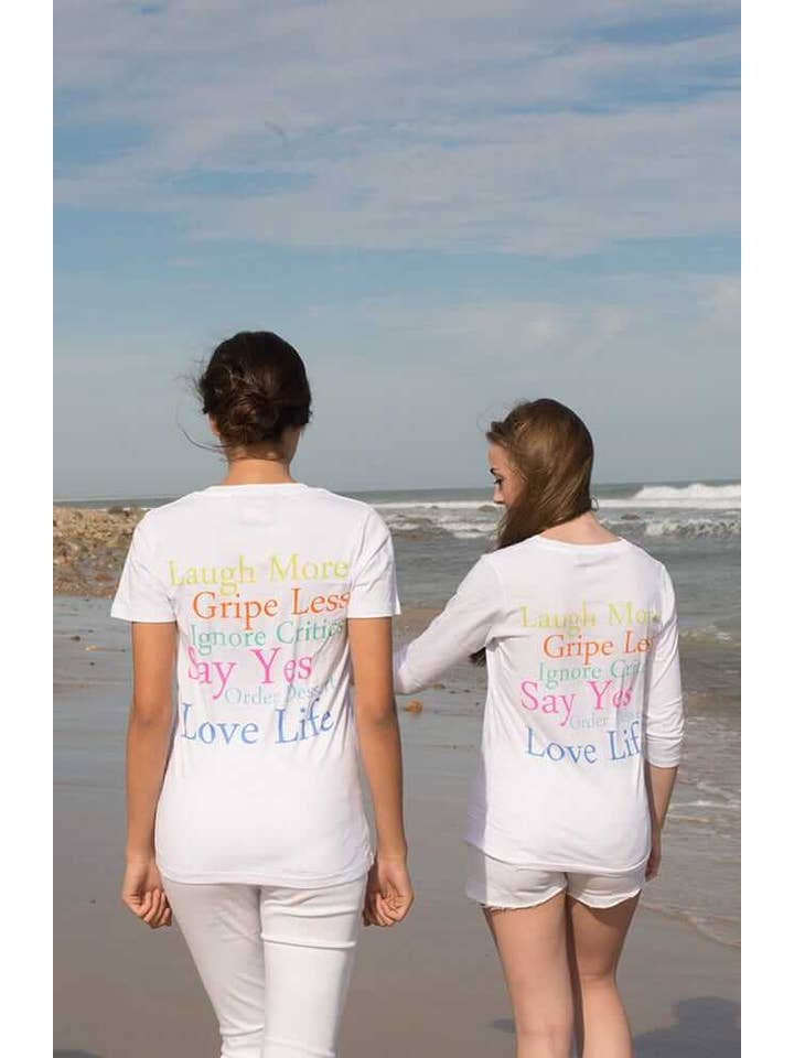 Multi "Laugh More" 3/4 Sleeve Cotton Tee for wholesale on Faire