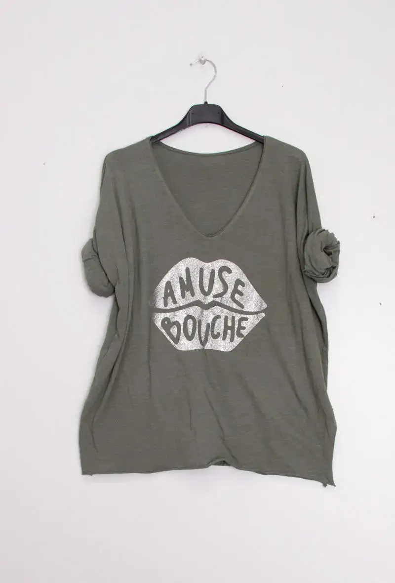 Mimi & Gogo - Vendita all'ingrosso Maglietta serigrafata - Donna - T-shirt con bocca verde « amuse bouche »4