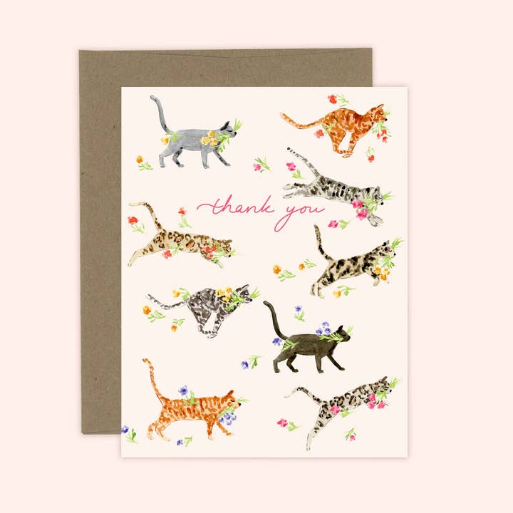 Thank you Cat Florals Card for wholesale by Almeida Illustrations
