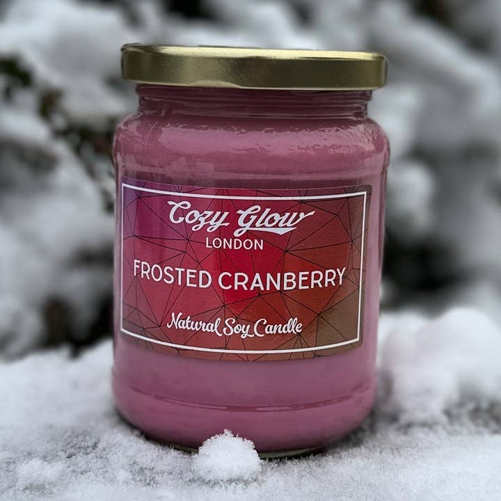 Cozy Glow Festive Frosted Cranberry Soy Candle for wholesale by Cozy Glow Candles & Home