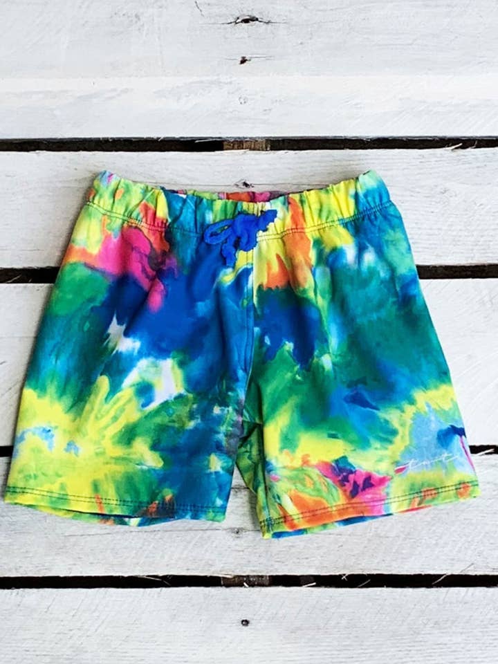Neon Tie Dye Board Shorts for wholesale by Tidewater Tots