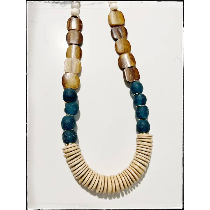 GentrybyJenna - Wholesale Beaded/Pearl Necklace - Teal Recycled Glass & Tan African Bone Bead Long Necklace