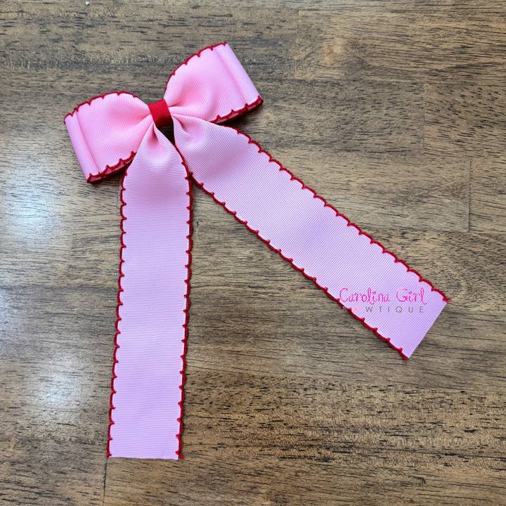 Pink w/Red Moonstitch Bows 5 inch Bows for wholesale by Carolina Girl Bowtique