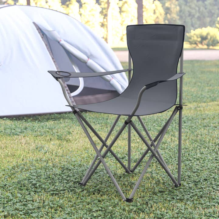 Chaise de camping pliante grise avec accoudoir, porte-gobelet pour la vente par Flash Furniture