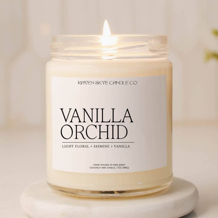 Vanilla Orchid - 7oz. Clear Glass Scented Candle for wholesale by Raven Skye Candle Co.