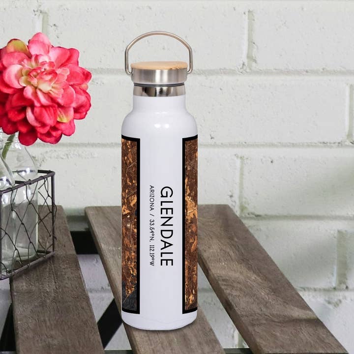 Glendale AZ Map Bottle with Bamboo Top in Ember for wholesale by JACE.design