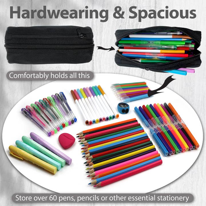 Powell Creative Products Ltd - Wholesale Pencil Case/Pouch - Black Pencil Case Plain 2 Zipped Compartments for Boys 4