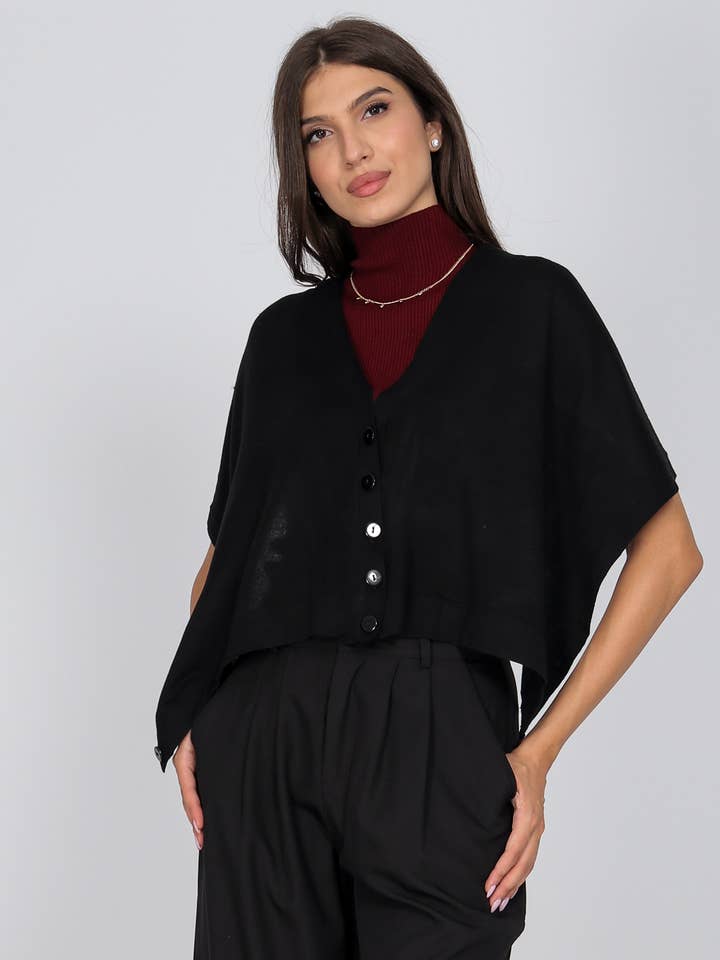 Fine knit wool blend shawl with buttons in Black for wholesale by Aimelia