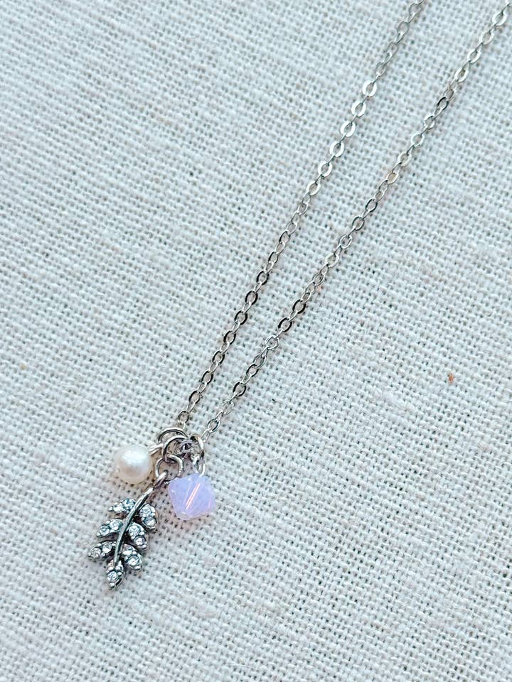 Silver Pink Crystal, Pearl & Rhinestone Leaf Charms Necklace for wholesale by Gracie Rose Designs