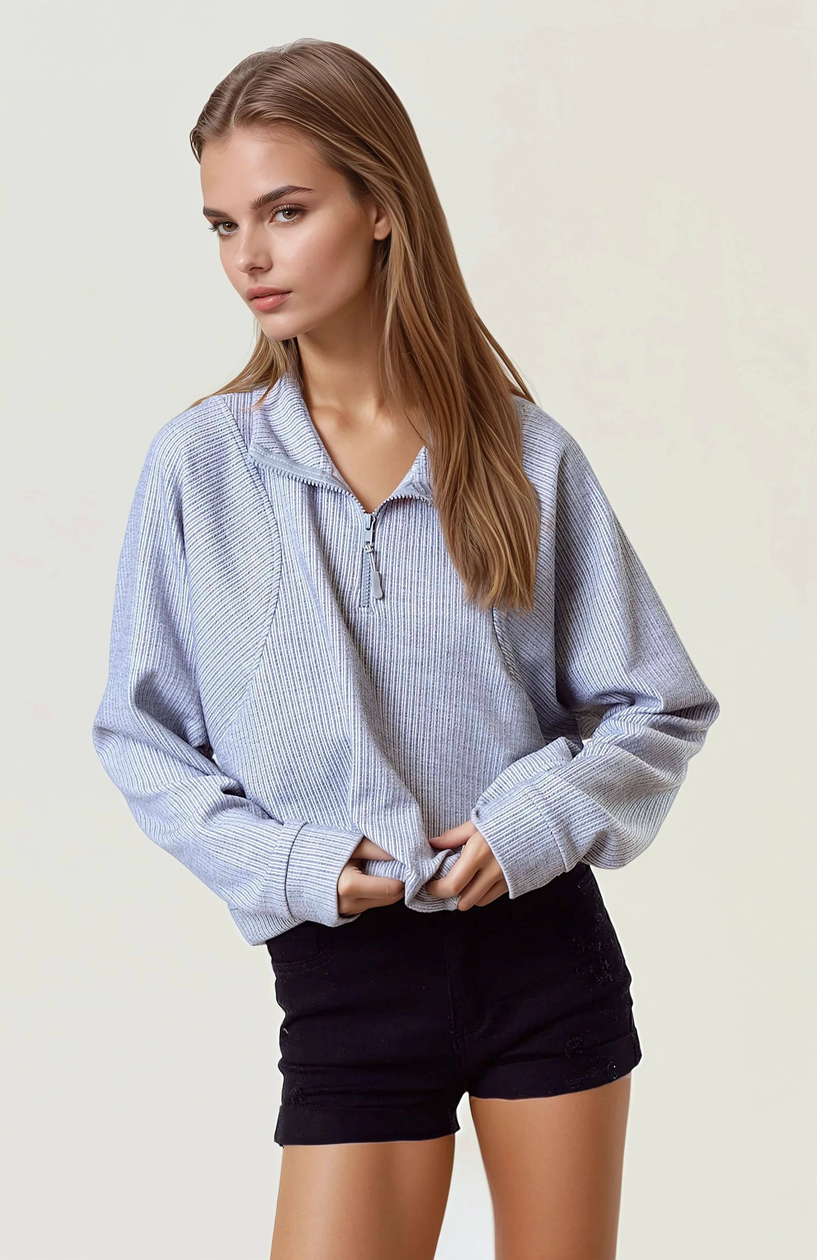 Doe and Rae - Wholesale Sweatshirt - Women's - Stripe Textured Half Zip-Up Long Sleeve Sweatshirt -43836T-16