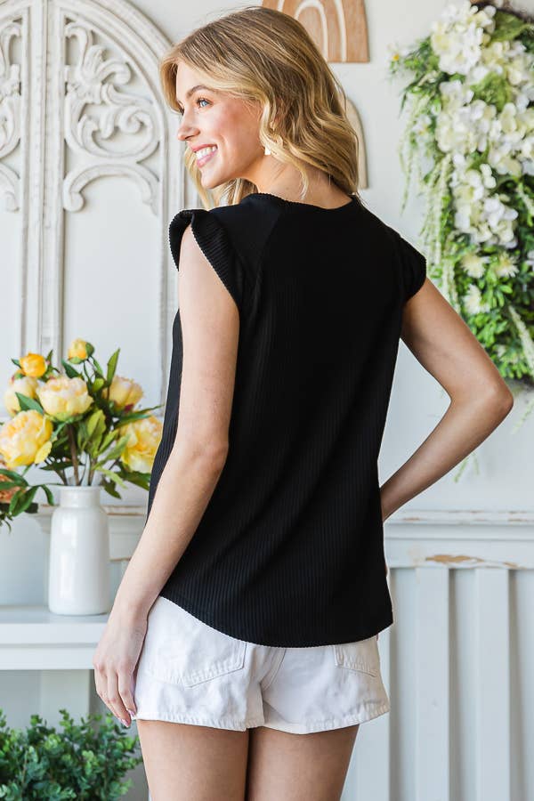 7th Ray – Engroshandel Strikket top - Dame – Solid Rib Knap-Front Flæseærme Top T515611