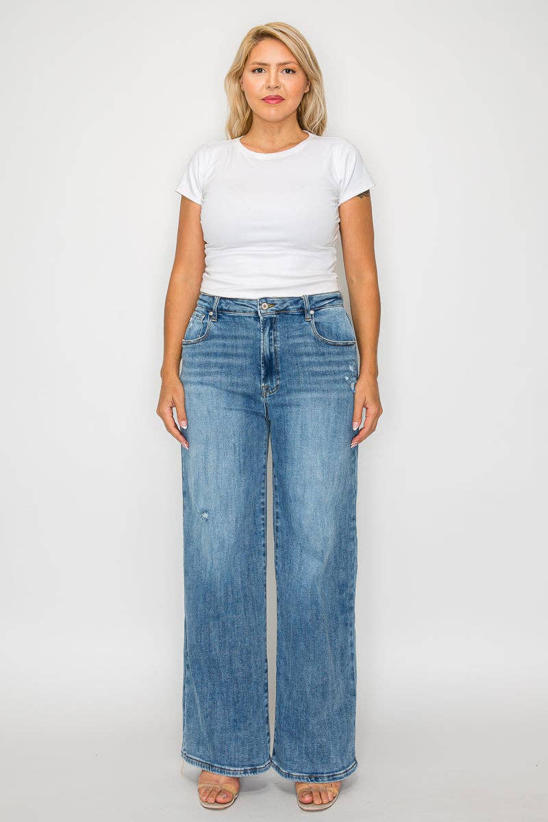 Blå Jeans med høj talje og vide ben i plus size #BT5016X for engroshandel på Faire3