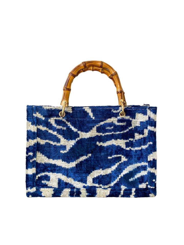 Silk Velvet Ikat Small Tote Bag with Bamboo Handle for wholesale by AYCA DESIGN