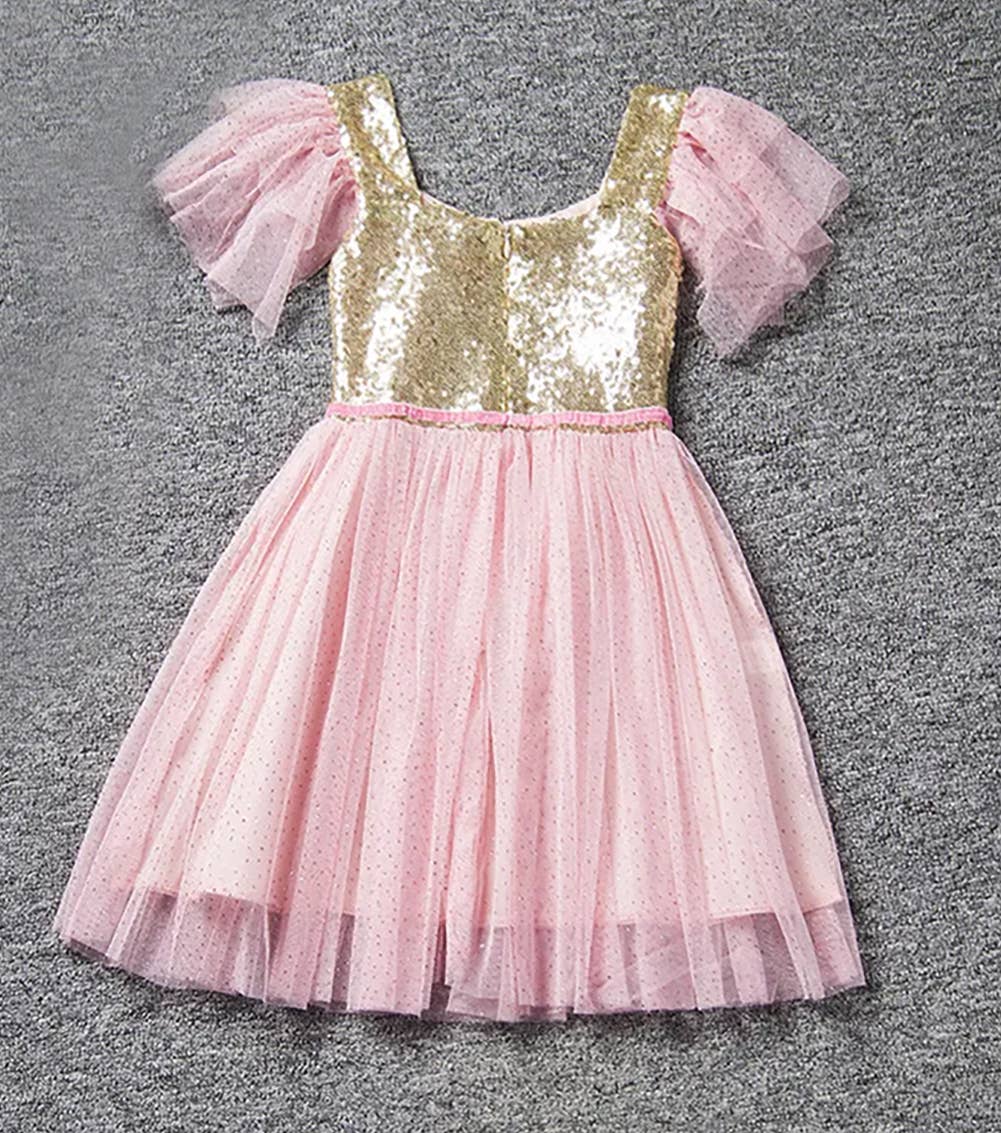 Fennco Styles - Wholesale Dress - Kids - Gold Sequin Pink Girl Dress 2