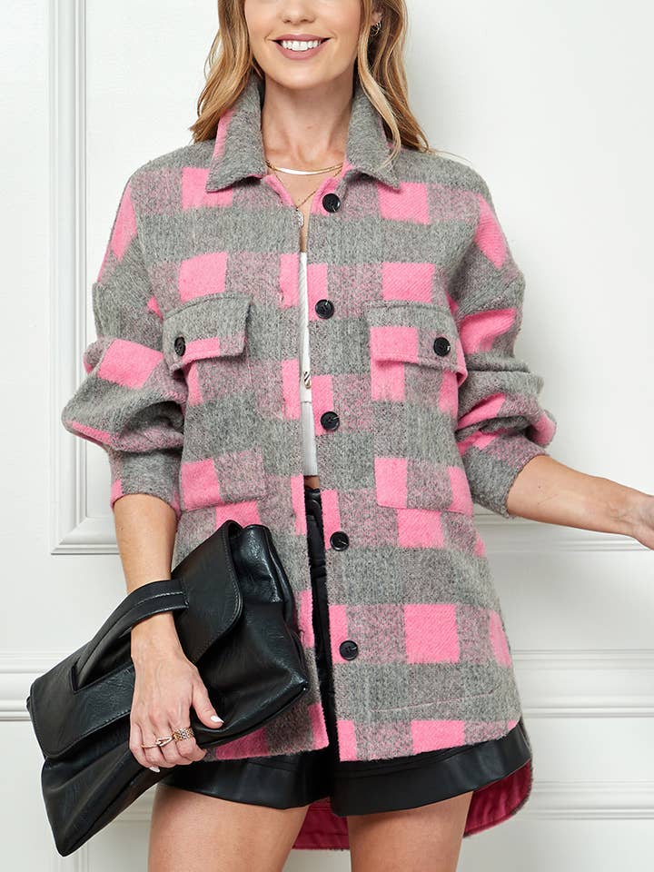 Zacht, casual, paars geruite jas met losse pasvorm voor wholesale door Cezele