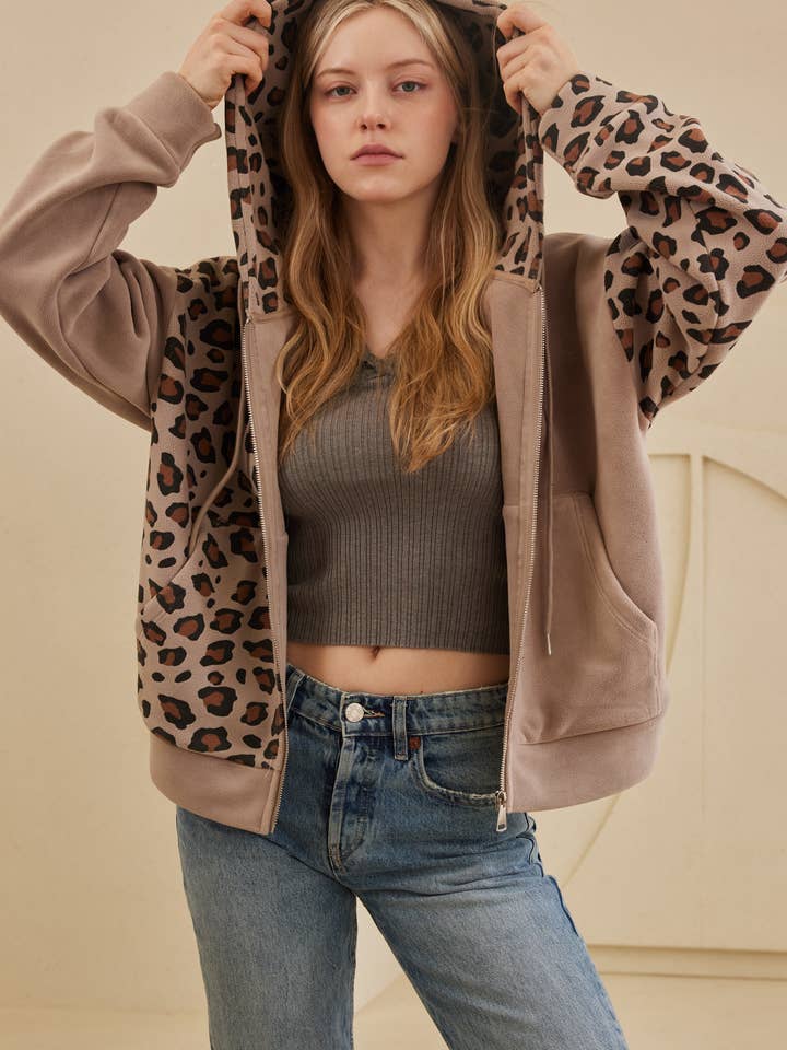 Mello. - Vente Sweat à capuche – femme - Sweat-shirt zippé à capuche avec imprimé léopard12